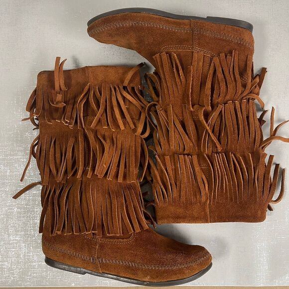 Minnetonka 3-Layer Fringe Suede Leather Moccasin Boots Size 8 Brown Boho Comfy - Picture 10 of 12